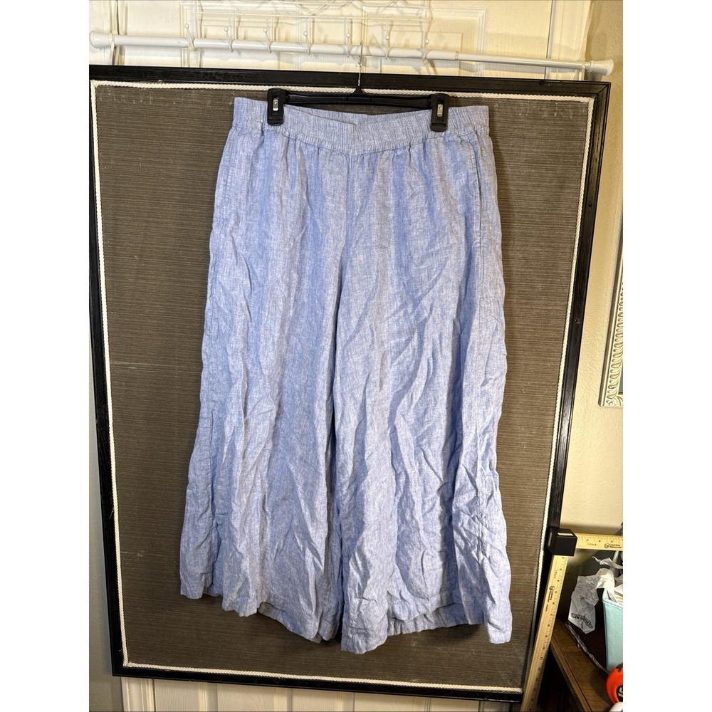 Linen Pants Blue Womens 1x Lands End Cropped Wide Leg Summer Boho Beach Vacay